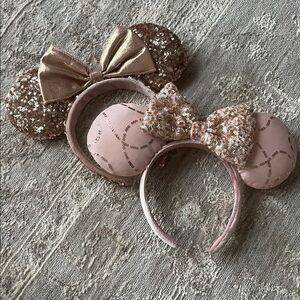 Disney Set of 2 Ears: Rose Gold and Pink Sequined Bow Minnie Mouse Ears Headband